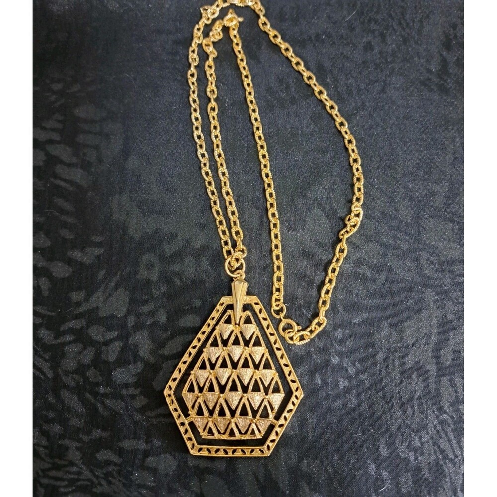 Vintage Goldtone Geometric Long Chain Necklace Diamond Pattern